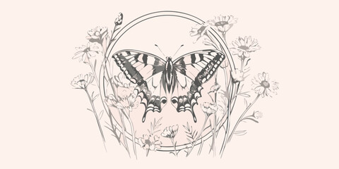 Butterfly and floral arrangement a grayscale vector illustration © Mamata