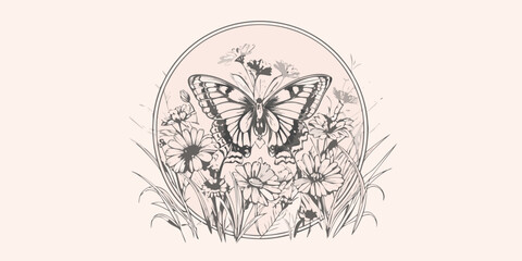 Butterfly And Floral Arrangement A Detailed Line Illustration © Mamata