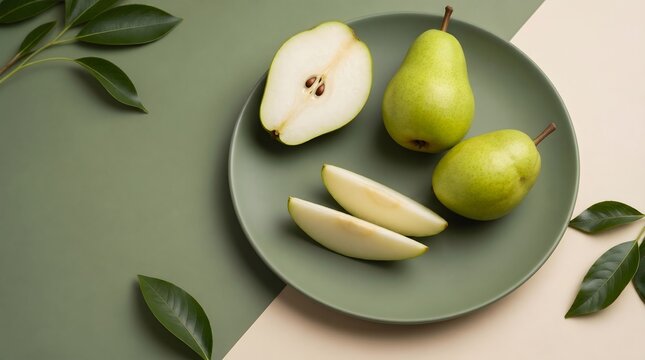 Green fresh pears, fruit and plate on table for healthy diet, organic food and nutrition. Raw snacks, vegetarian and slice in studio with vegan meal, vitamin and wellness for lifestyle market.