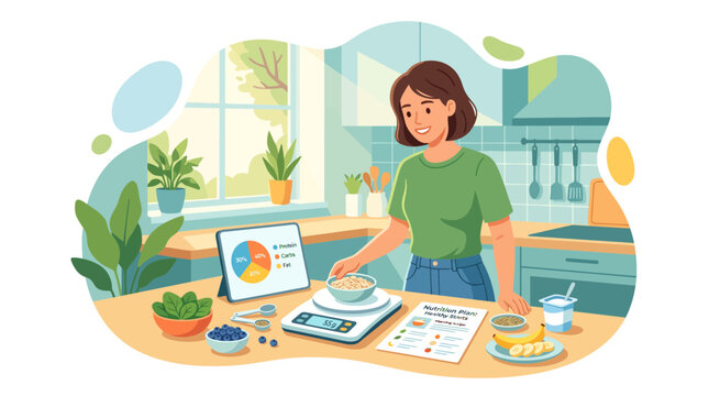 Woman Tracking Macros and Meal Prepping in Modern Kitchen