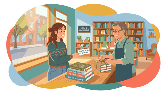 Woman Buying Books at Independent Bookstore with Wellness Stipend