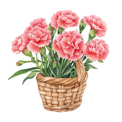 Obraz premium Hand-drawn watercolor artwork of Carnation Flower Basket, vector, isolated on a white background.