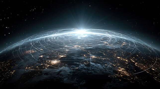 Satellite constellation networks global data connectivity concept representing orbital communication infrastructure space based internet technology planetary digital connectivity ecosystem innovation