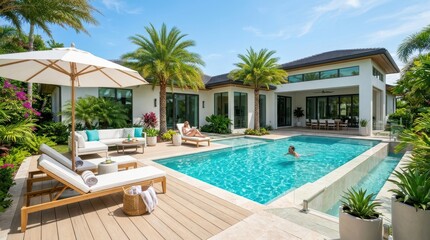 Obraz premium Luxury modern villa with swimming pool and tropical garden on a sunny day