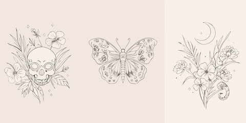 Floral skull butterfly and crescent moon vector illustrations on beige background © Mamata