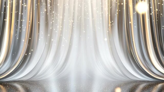 Lights shine and create effects in the theater as the curtains glimmer. The stage is set for a special event, capturing attention with bright visuals and a lively setup