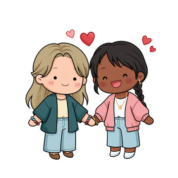 Two cute cartoon girls of different races holding hands with red hearts above. Diverse best friends in casual outfits, kawaii friendship sticker illustration.