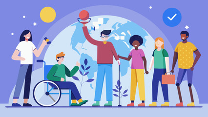 Fototapeta premium Inclusive community of diverse people with disabilities standing together in front of earth globe