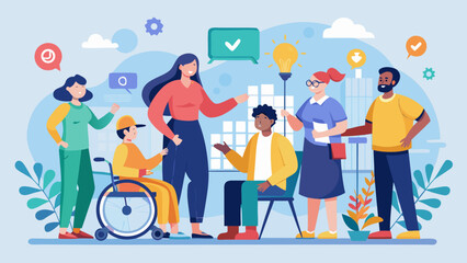 Fototapeta premium Diverse professional team collaborating in inclusive workspace with creative ideas and successful teamwork illustration