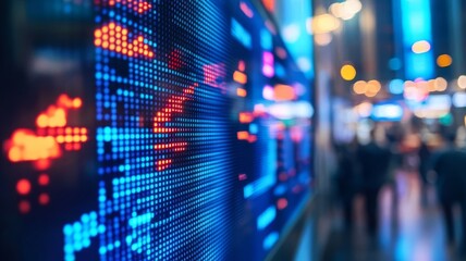 Fototapeta premium Digital finance market display showing real time stock exchange data trends with blue and red glowing indicators on large led screen.