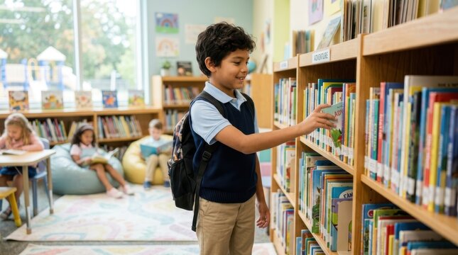 Young boy in school uniform selects a book from a library shelf