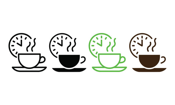 Steaming coffee cups with clock icons showing different times