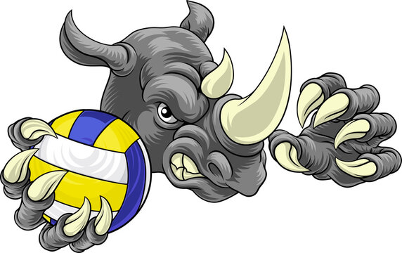 A rhino rhinoceros volleyball animal sports mascot holding a volley ball in his claw