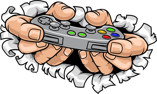 An illustration of gamer hands holding a video game controller breaking wall or background