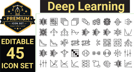 Naklejka premium Deep Learning Line Icon Set Featuring Neural Networks, AI Training, Computer Intelligence and Advanced Analytics Vector Collection editable icon