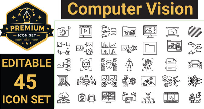 Computer Vision Line Icon Set Featuring Image Recognition, Object Detection, AI Vision and Visual Analytics editable icon
