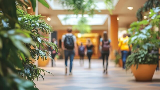 Blurred people walking through a sunlit shopping mall interior decor with green potted plants.