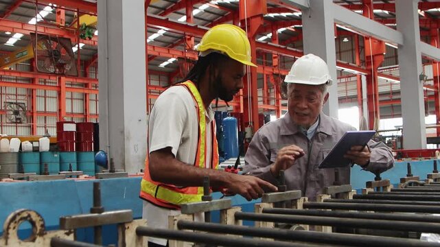 Asian senior foreman and young male worker with helmet and safety vest repair and operate machinery at industrial site. Diverse team working together while inspecting machine at manufacturing factory.