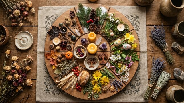 Seasonal wheel of the year altar with natural elements and candles
