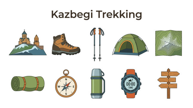 Kazbegi Trekking Equipment and Scenery Illustration.