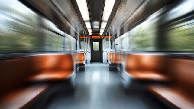 Fast moving subway train interior showing blurred motion effects in public transport transit car commuter concept.