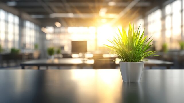 Small potted plant on desk in sunlit modern open plan office workspace interior green plant on table in bright sunny modern office workspace.
