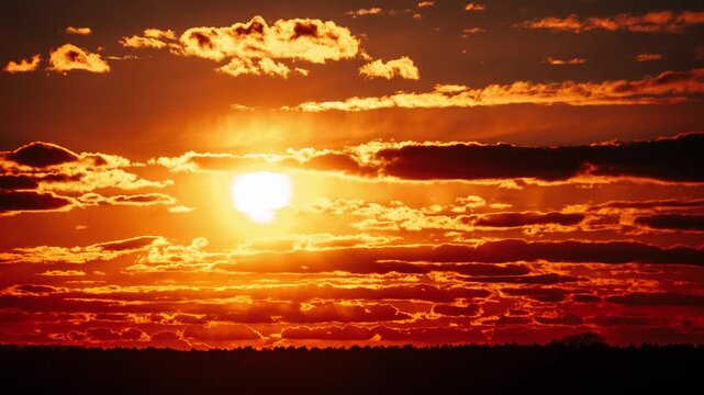 Bright sun moves down behind layers of dark clouds creating a dramatic orange sky over a forest silhouette. Concept of passing time, evening tranquility, and nature beauty.