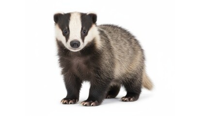 Fototapeta premium Portrait of a Cute European Badger Cub Standing and Looking at Camera Isolated on White Background