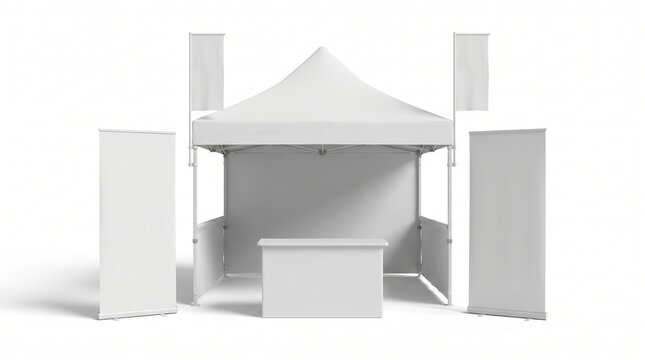 Blank white pop-up canopy tent with banners and counter, isolated on white background, for branding and marketing events.