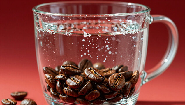 Coffee beans in a glass mug with sparkling water.