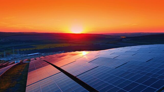Golden hour light reflecting off solar farm panels at dusk. Warm orange sky meets dark blue modules with substation structures along the edge.