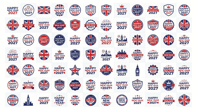 Over 100 happy new year 2027 uk style vector badges and design elements with united kingdom great britain union jack big ben graphic design celebration greeting illustration