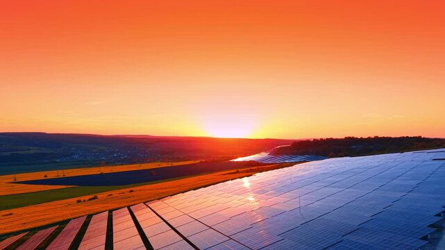 Twilight sky above solar panel arrays and golden wheat fields. Gradient pink and blue tones illuminate rows of modules beside harvested cropland.