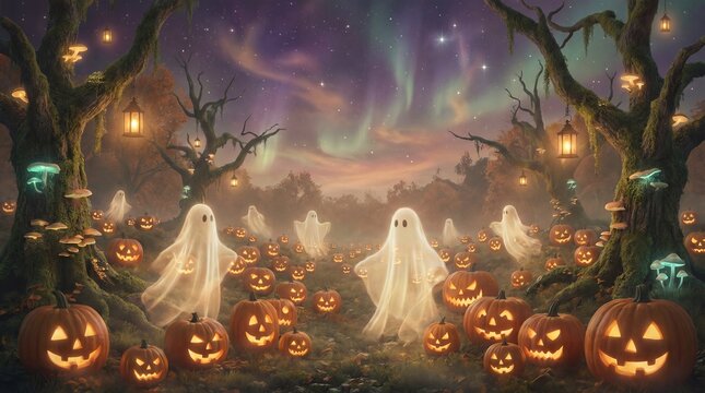 Spooky Halloween Scene with Glowing Jack-o'-Lanterns, Transparent Ghosts, Enchanted Trees, Floating Lanterns, and Mystical Aurora Borealis in a Night Forest