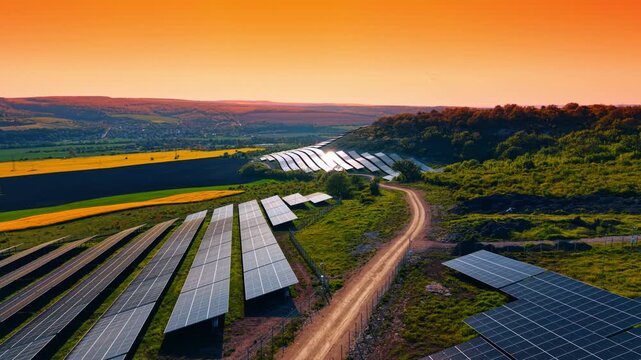 Solar farm winding through valley at sunset. Curved road separates panel sections on green hillside with orange horizon behind.