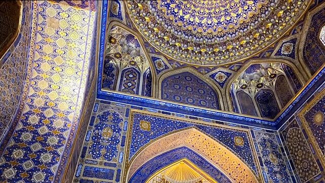 Golden interior dome of Tilya-Kori Mosque in Samarkand