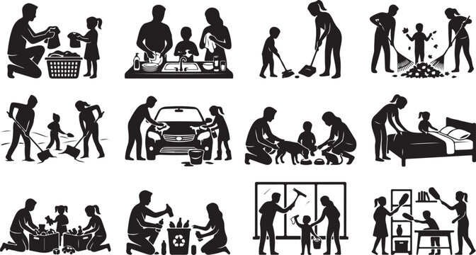 Family chores and housework activities, parents and children cleaning house together, vector icons set