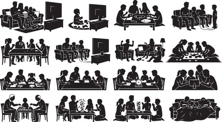 Obraz premium Set of icons representing family activities at home, including watching tv, playing games, and reading