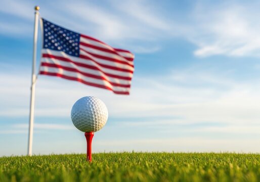 Independence day usa celebration golf ball on tee with american flag 4th of july concept