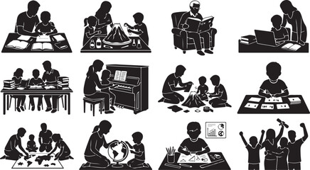 Set of silhouettes showing children and parents engaged in various educational and learning activities © Shammi