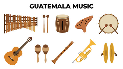 Guatemalan musical instruments collection illustration. © zyaa