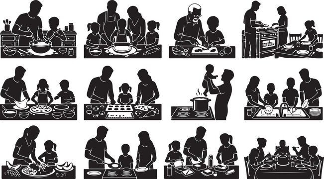 Set of black silhouettes of families cooking and eating together in the kitchen