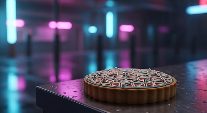 Decorated pie with geometric pattern on wet surface, neon lights