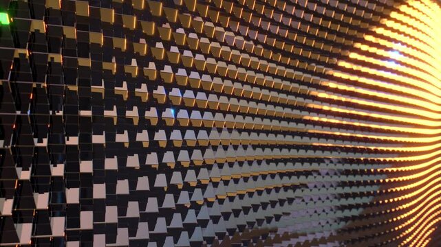 Futuristic 3D animation of abstract golden and black metallic cubes moving in a seamless wave pattern. Features glowing green and blue LED light flares, perfect for luxury tech backgrounds, VJ loops, 