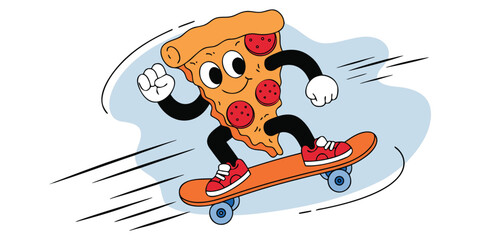 Groovy pizza slice character on skateboard vector illustration. Cartoon isolated retro funny fast food mascot with happy face, arms and legs skateboarding, psychedelic emoji of pizza skateboarder, © Rujon