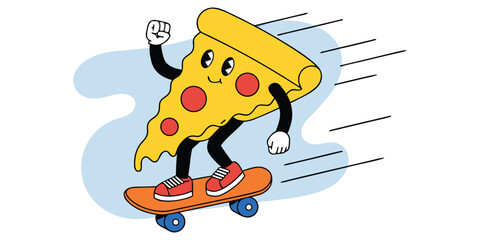 Groovy pizza slice character on skateboard vector illustration. Cartoon isolated retro funny fast food mascot with happy face, arms and legs skateboarding, psychedelic emoji of pizza skateboarder, © Rujon