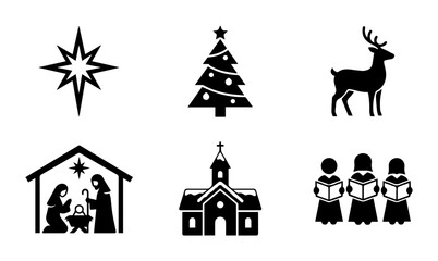 Christmas Icons Set: Nativity Scene, Tree, Reindeer, Star, Church, Carolers, Festive Vector Graphics for Holiday Design © Mehedi