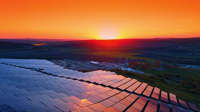 Sunset over vast solar power plant with electrical substation. Sun dips behind hills casting orange light across reflective panel surfaces and pylons.