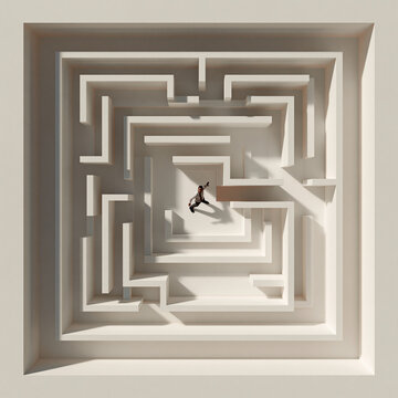 <Aerial Perspective of a Surreal Indoor Maze: Navigating a Dreamlike Labyrinth for Mindful Problem Solving and Creative Exploration>