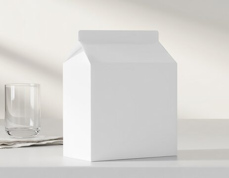 Blank beverage carton mockup beside clear glass